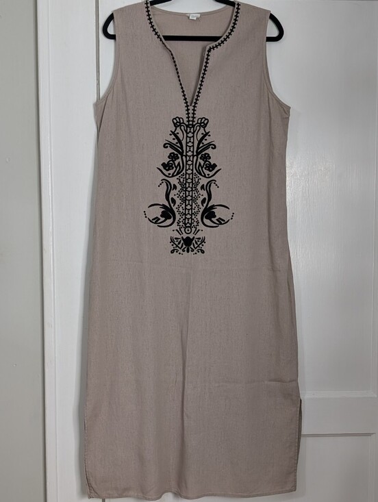 Sigrid Olsen Dresses & Skirts - Sigrid Olsen Linen Sleeveless Midi Embroidered Shift Dress L Boho Coastal Taupe